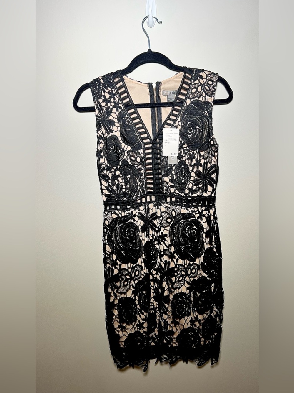Sleeveless Black Lace Midi Dress with Nude Lining